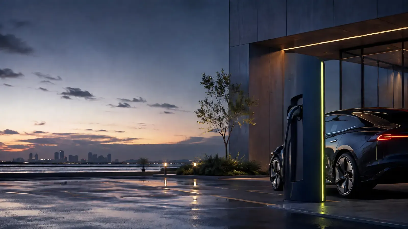 Cargador eléctrico al atardecer